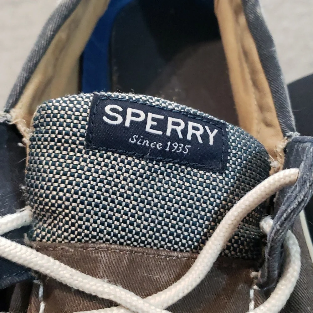 Sperry Top-Sider Men’s Blue and Dark Khaki Canvas Boat Shoes Lace Up Size 10.5M